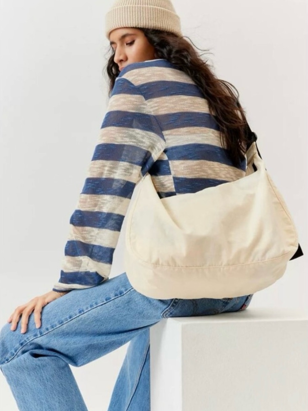 Baggu Ivory Large Nylon Crescent Shoulder Bag Urban Outfitters Exclusive